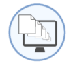 Logo isaged connect représentant un ordinateur et plusieurs feuilles qui rentre dans l'écran entourer d'un cercle bleu