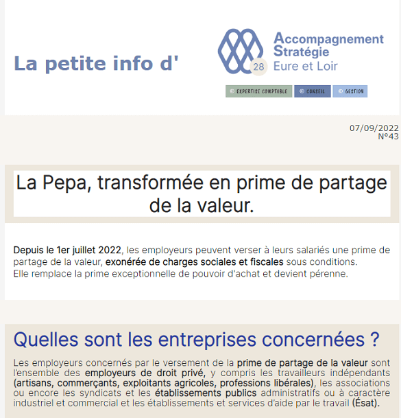 La Petite Info N°43 du 07/09/2022 : La Pepa, transformée en prime de partage de la valeur