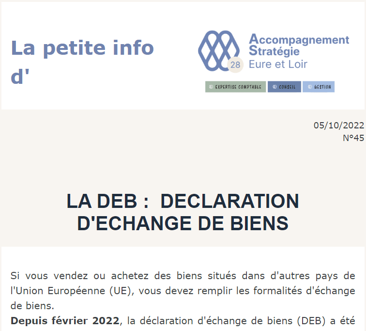 La petite info N°45 du 05/10/2022 : LA DEB :  DECLARATION D'ECHANGE DE BIENS
­
­