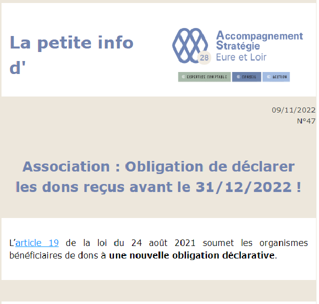 Aperçu de la Petite Info du 09/11/2022 Association : Obligation de déclarer les dons reçus avant le 31/12/2022 !